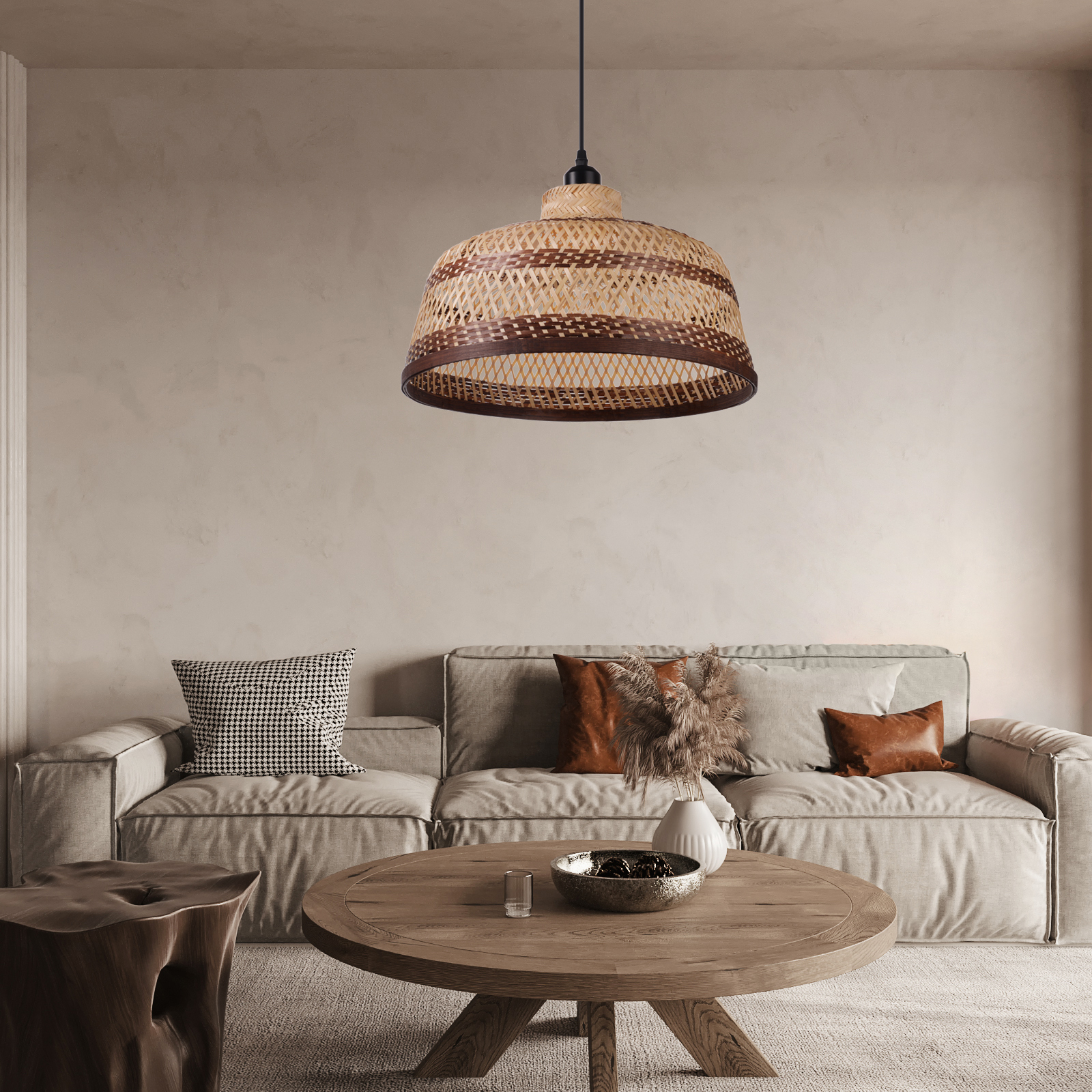 Basket shaped brown striped bamboo pendant light