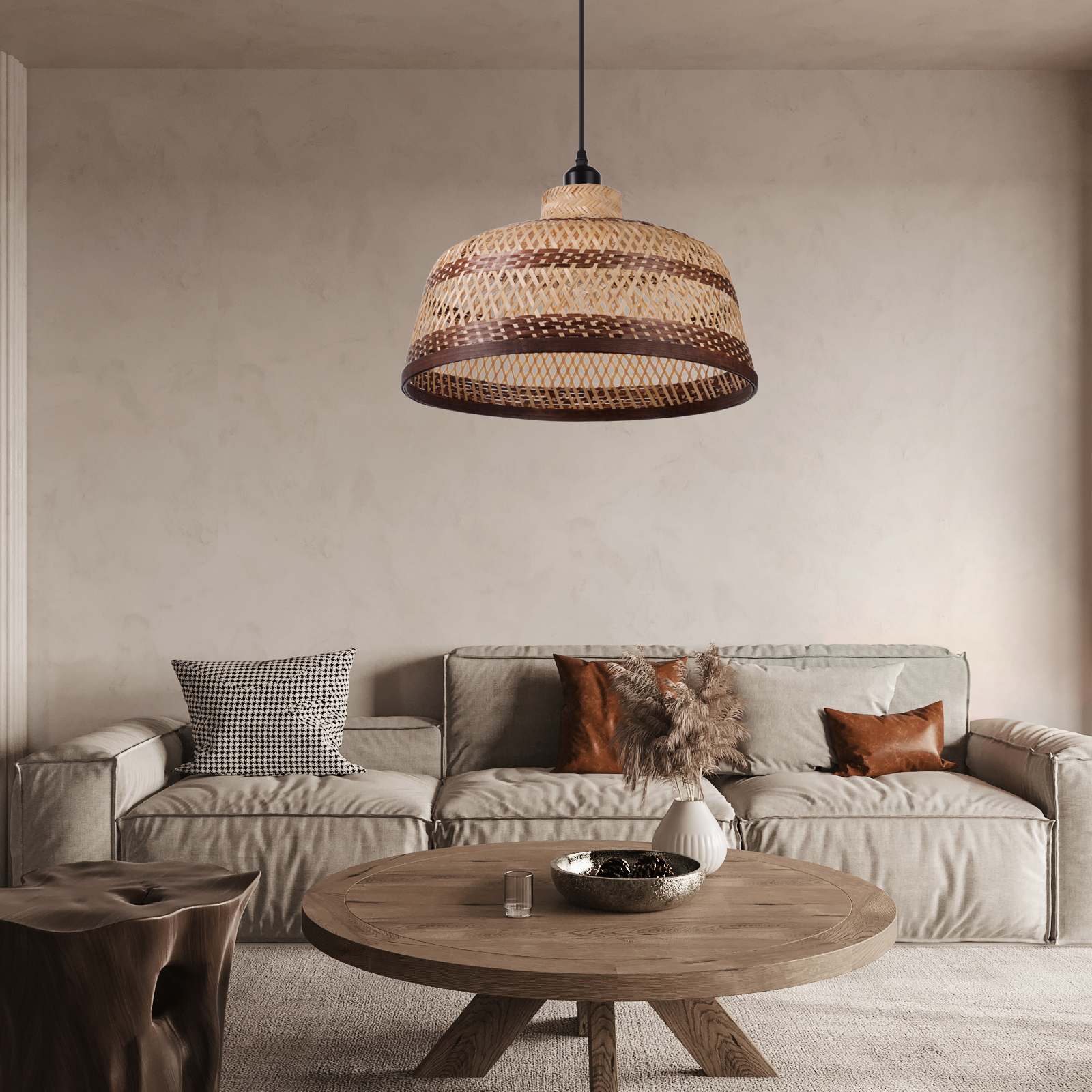 Basket shaped brown striped bamboo pendant light-labpiecesign