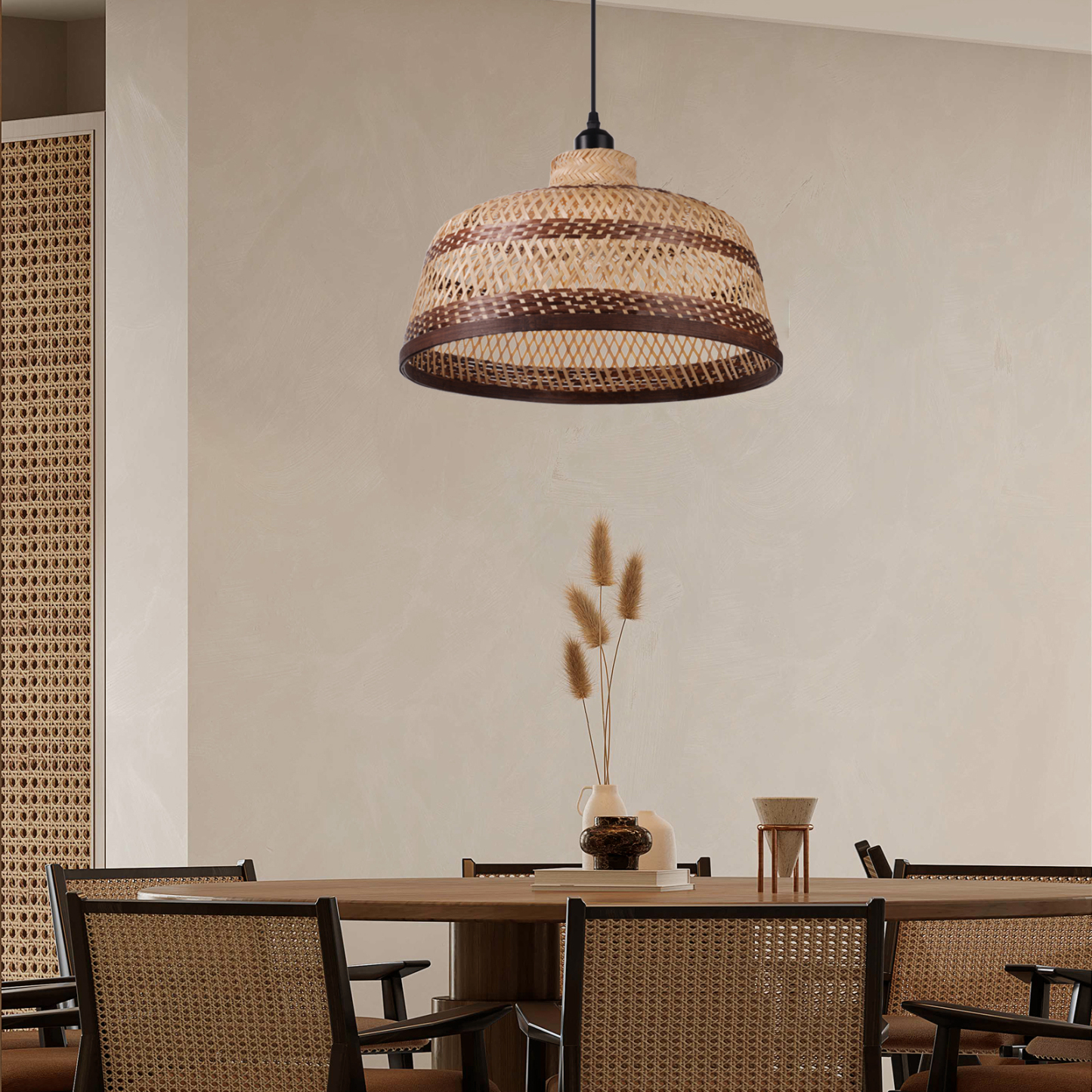 Basket shaped brown striped bamboo pendant light