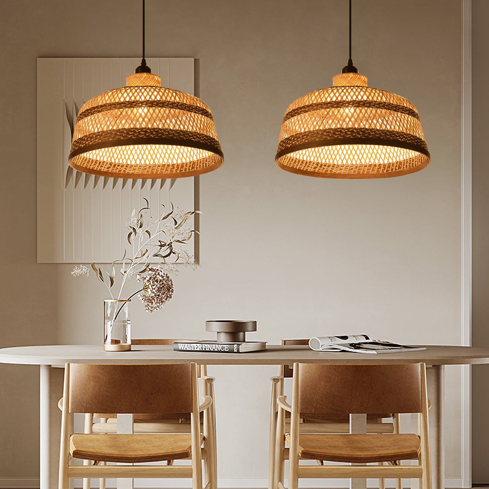 Basket shaped brown striped bamboo pendant light