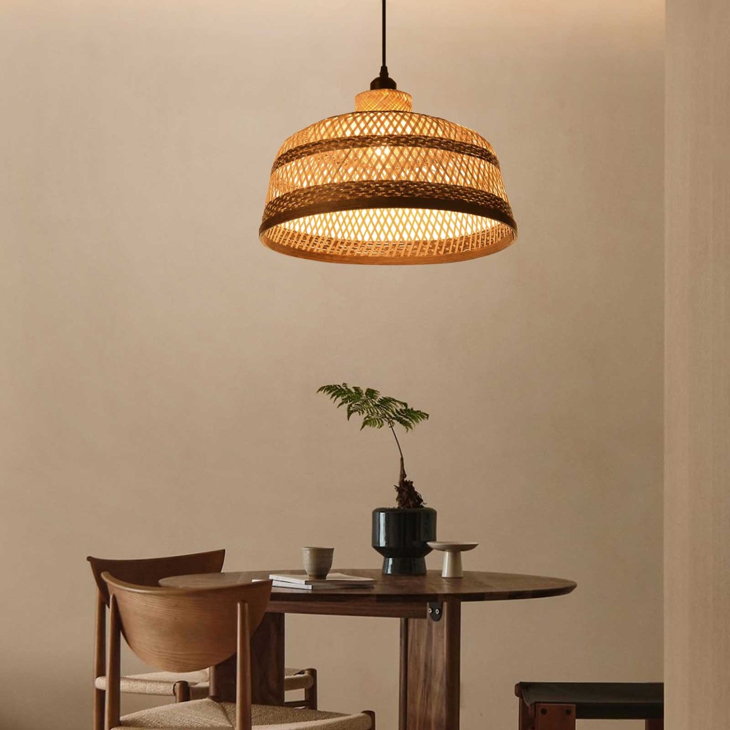 Basket shaped brown striped bamboo pendant light