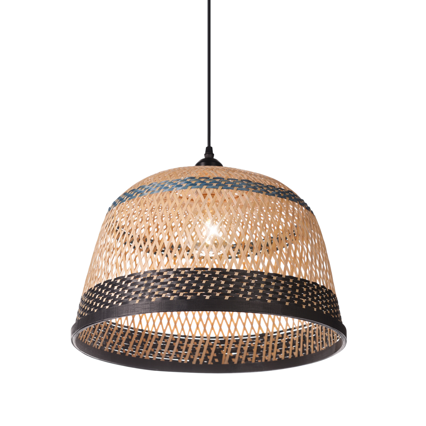 Basket shaped Blue and Black striped bamboo pendant light