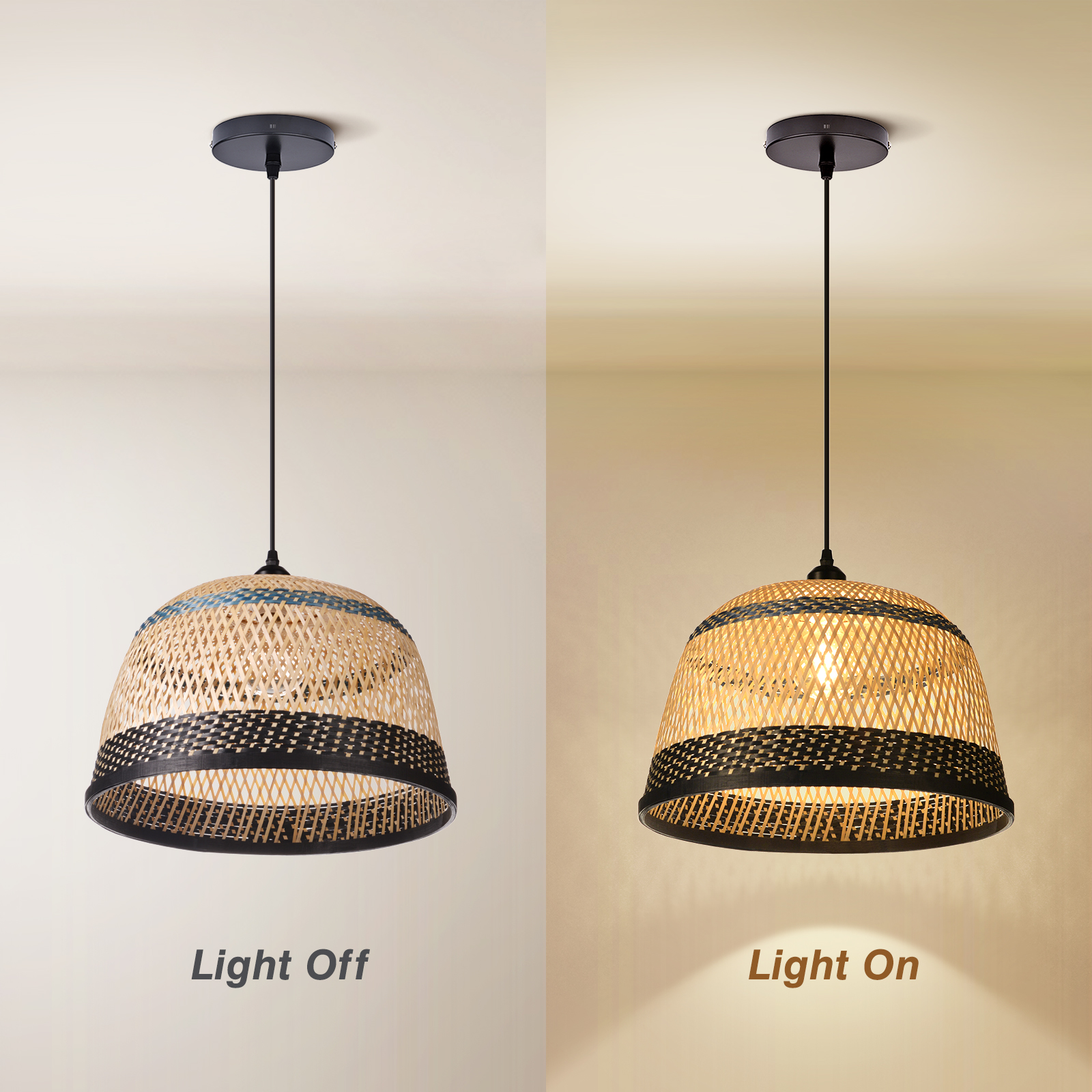 Basket shaped Blue and Black striped bamboo pendant light