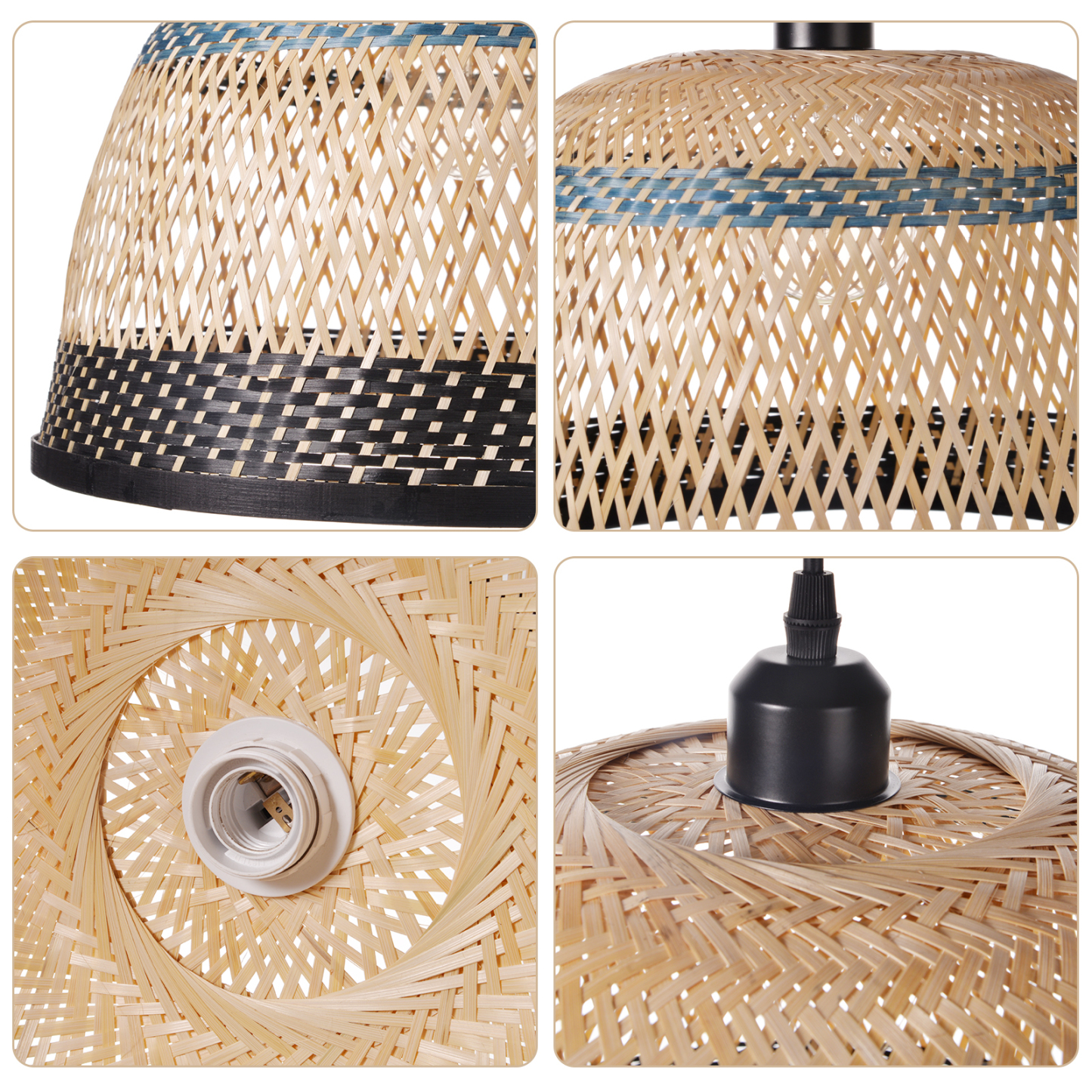 Basket shaped Blue and Black striped bamboo pendant light