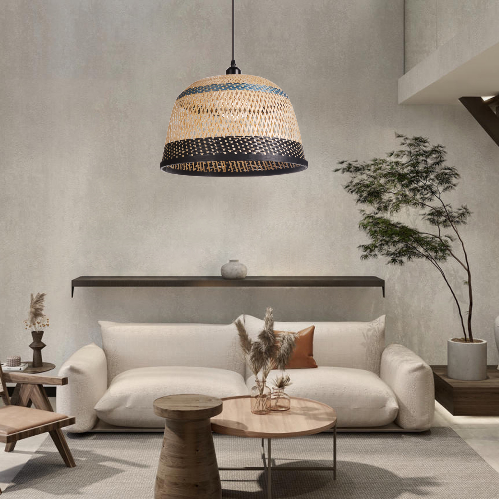 Basket shaped Blue and Black striped bamboo pendant light-labpiecesign