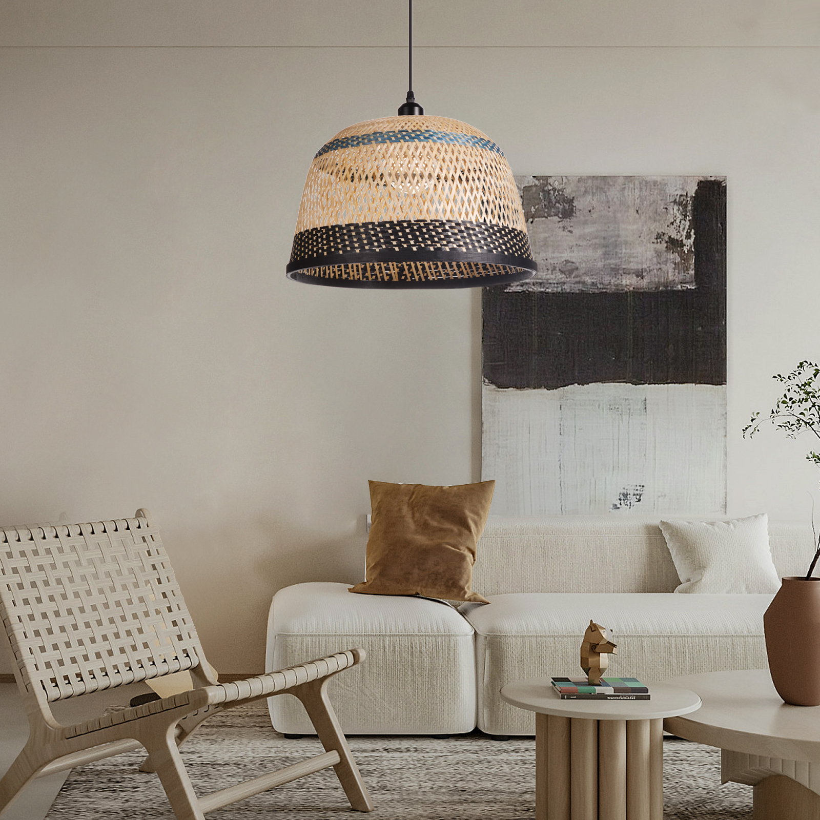 Basket shaped Blue and Black striped bamboo pendant light-labpiecesign