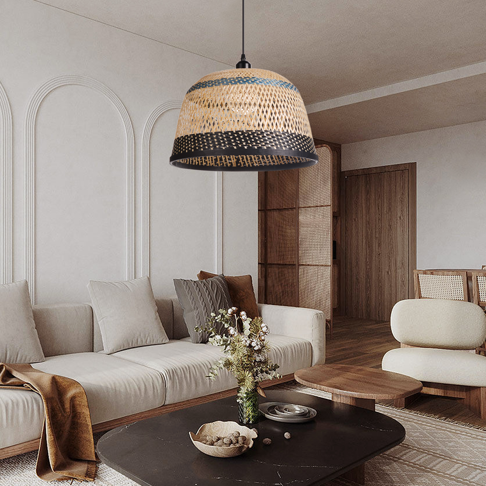 Basket shaped Blue and Black striped bamboo pendant light-labpiecesign