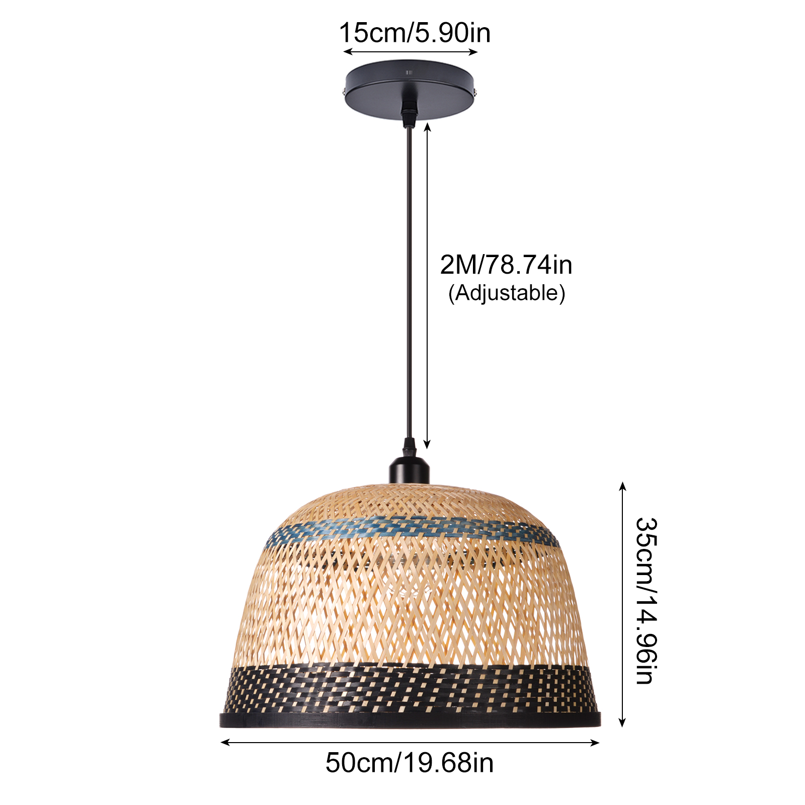 Basket shaped Blue and Black striped bamboo pendant light