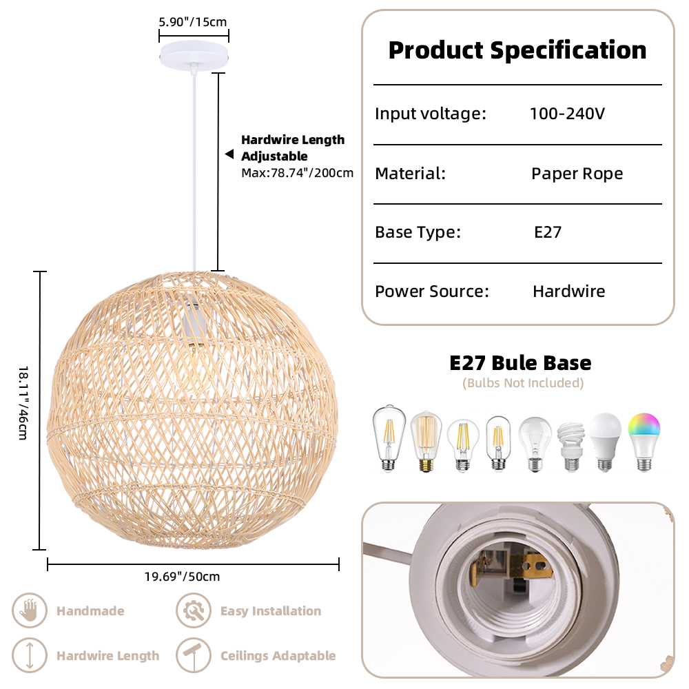 Basket Rattan Pendant Light Shade Pastoral Wicker Hanging Lamps