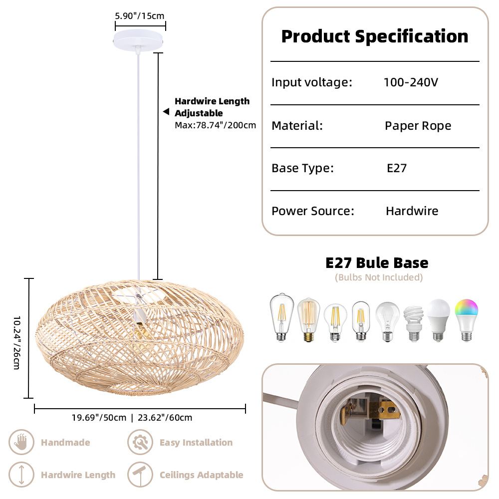 Basket Rattan Pendant Light Shade Pastoral Wicker Hanging Lamps