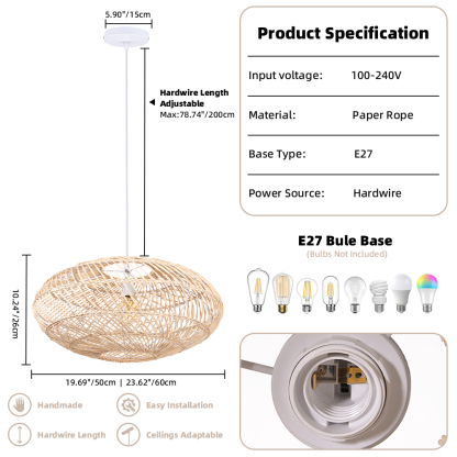 Basket Rattan Pendant Light Shade Pastoral Wicker Hanging Lamps