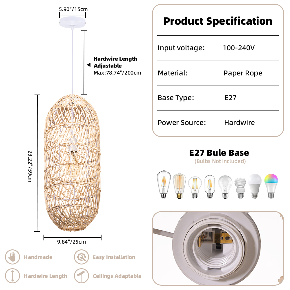 Basket Rattan Pendant Light Shade Pastoral Wicker Hanging Lamps