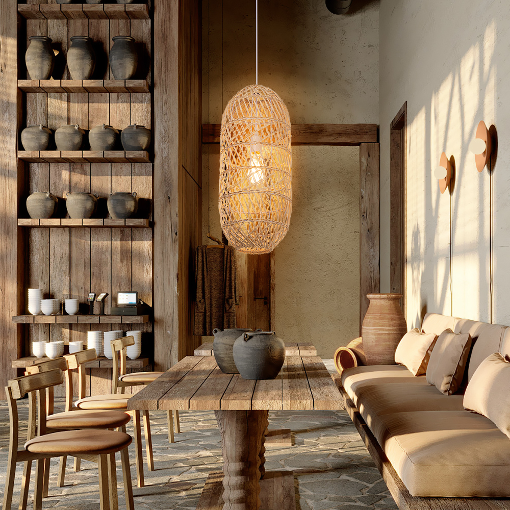 Basket Rattan Pendant Light Shade Pastoral Wicker Hanging Lamps