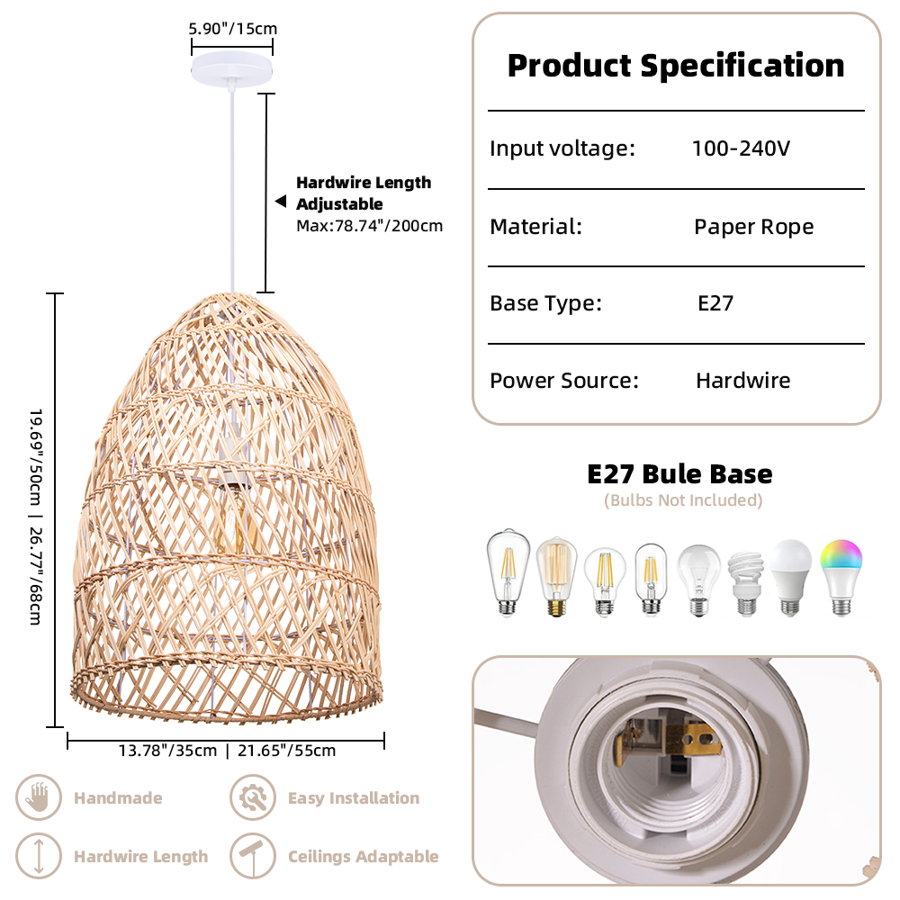 Basket Rattan Pendant Light Shade Pastoral Wicker Hanging Lamps