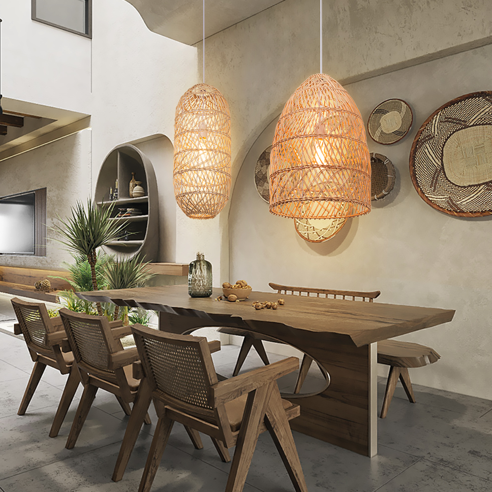 Basket Rattan Pendant Light Shade Pastoral Wicker Hanging Lamps