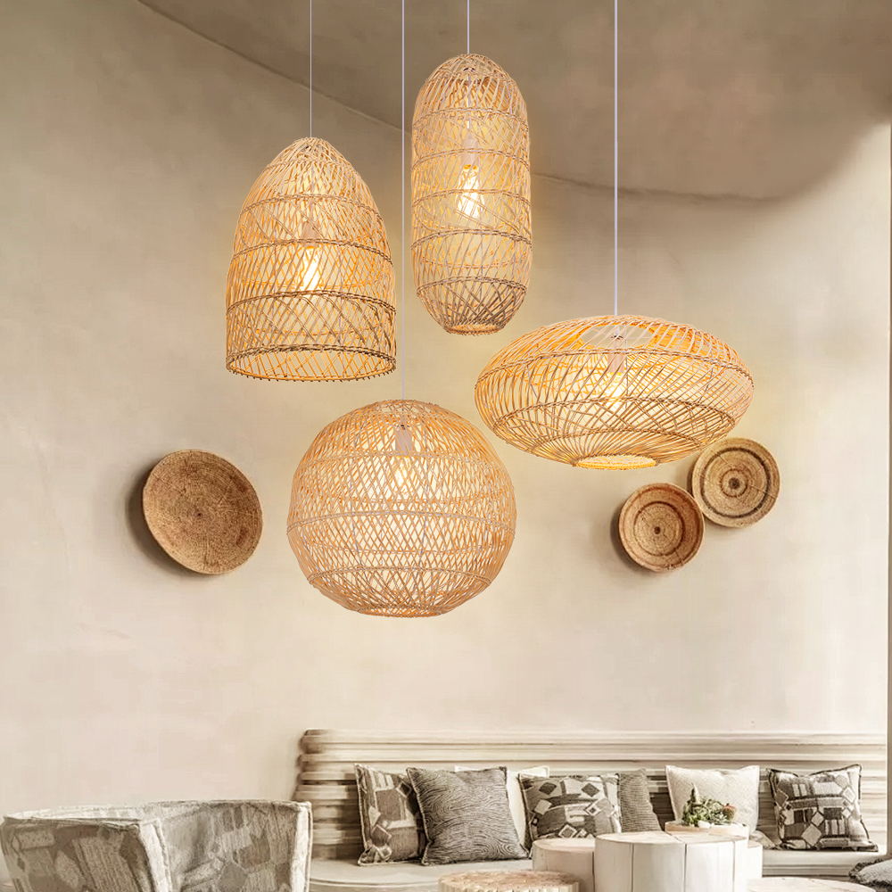 Basket Rattan Pendant Light Shade Pastoral Wicker Hanging Lamps