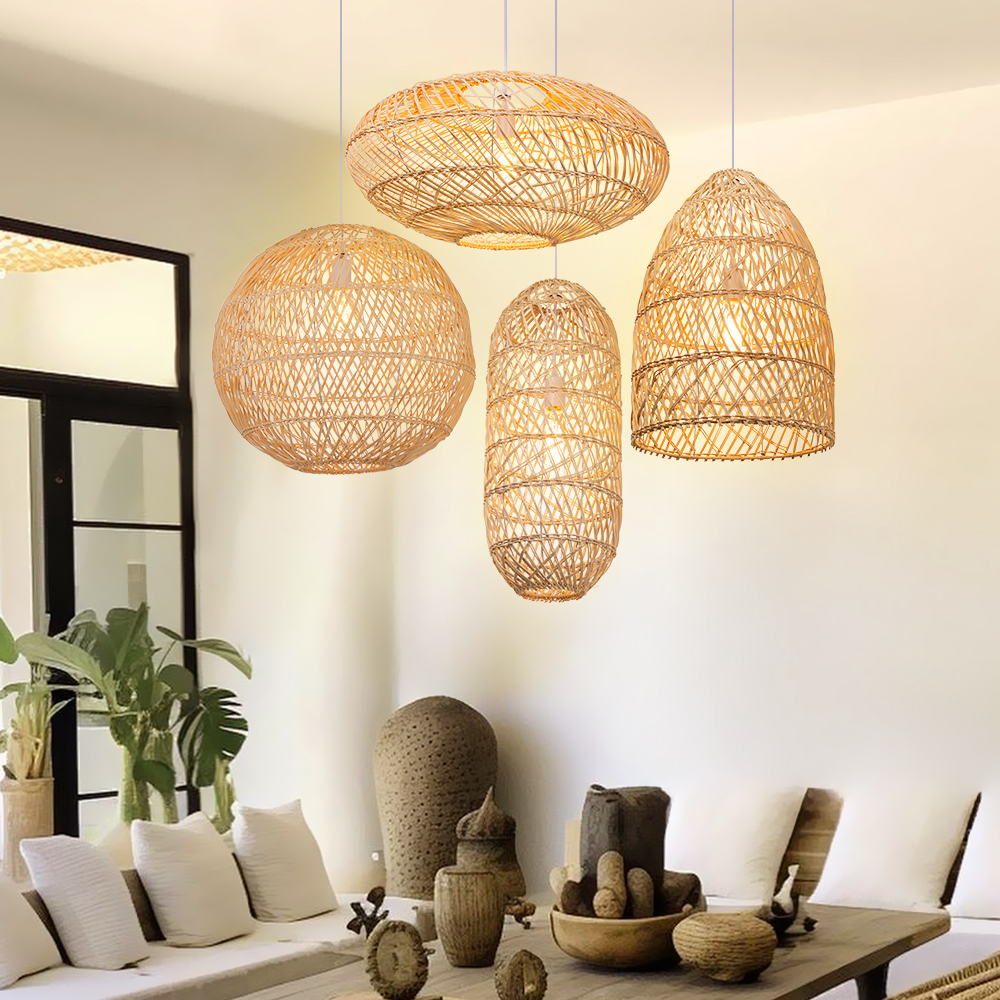 Basket Rattan Pendant Light Shade Pastoral Wicker Hanging Lamps