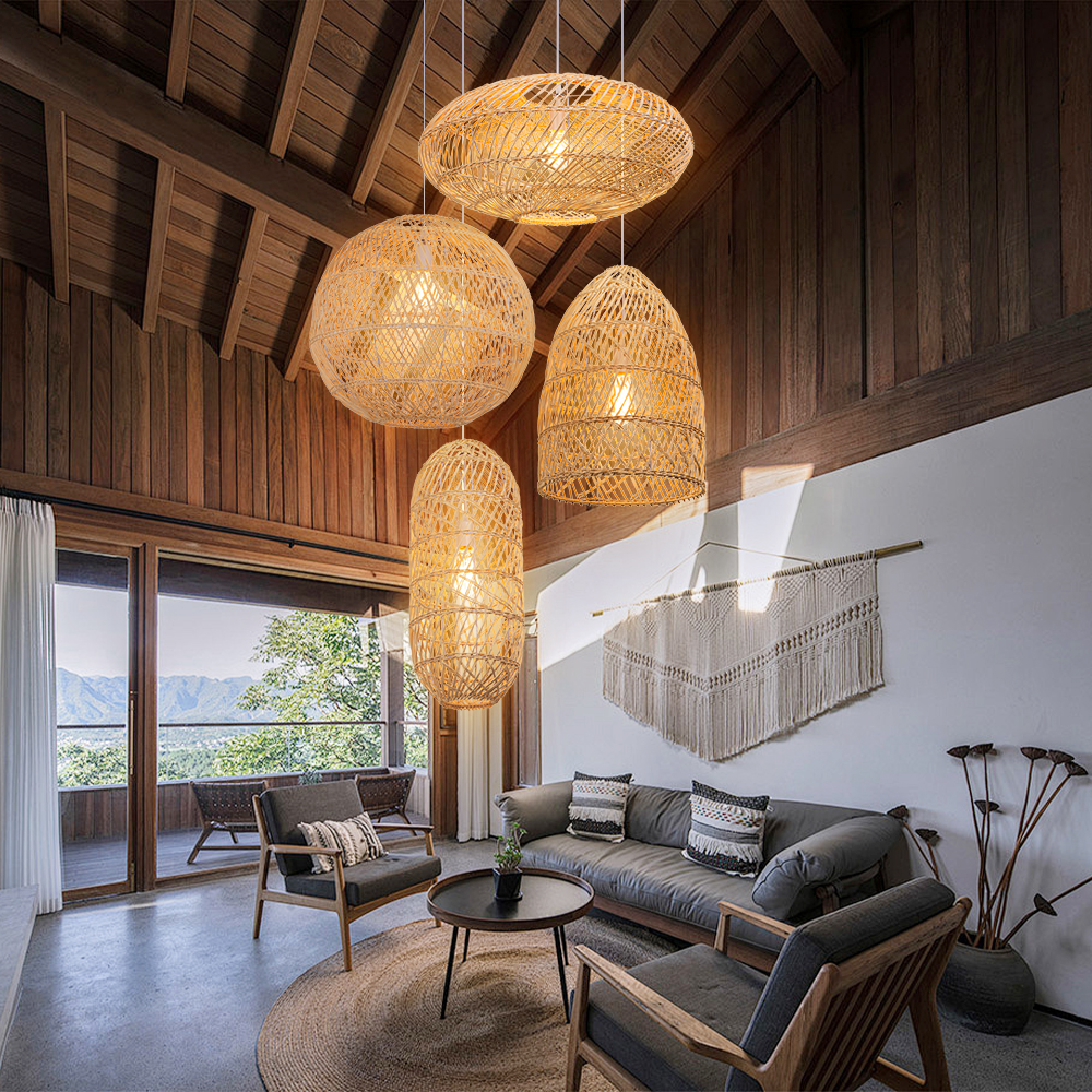 Basket Rattan Pendant Light Shade Pastoral Wicker Hanging Lamps