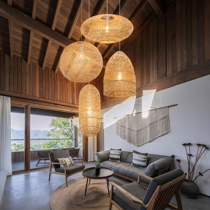 Basket Rattan Pendant Light Shade Pastoral Wicker Hanging Lamps