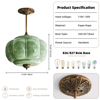Vortan Antique Brass Green Glass Semi-Flush Mount Pendant Lamp