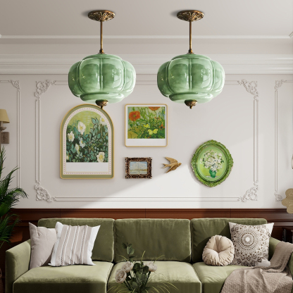 Vortan Antique Brass Green Glass Semi-Flush Mount Pendant Lamp
