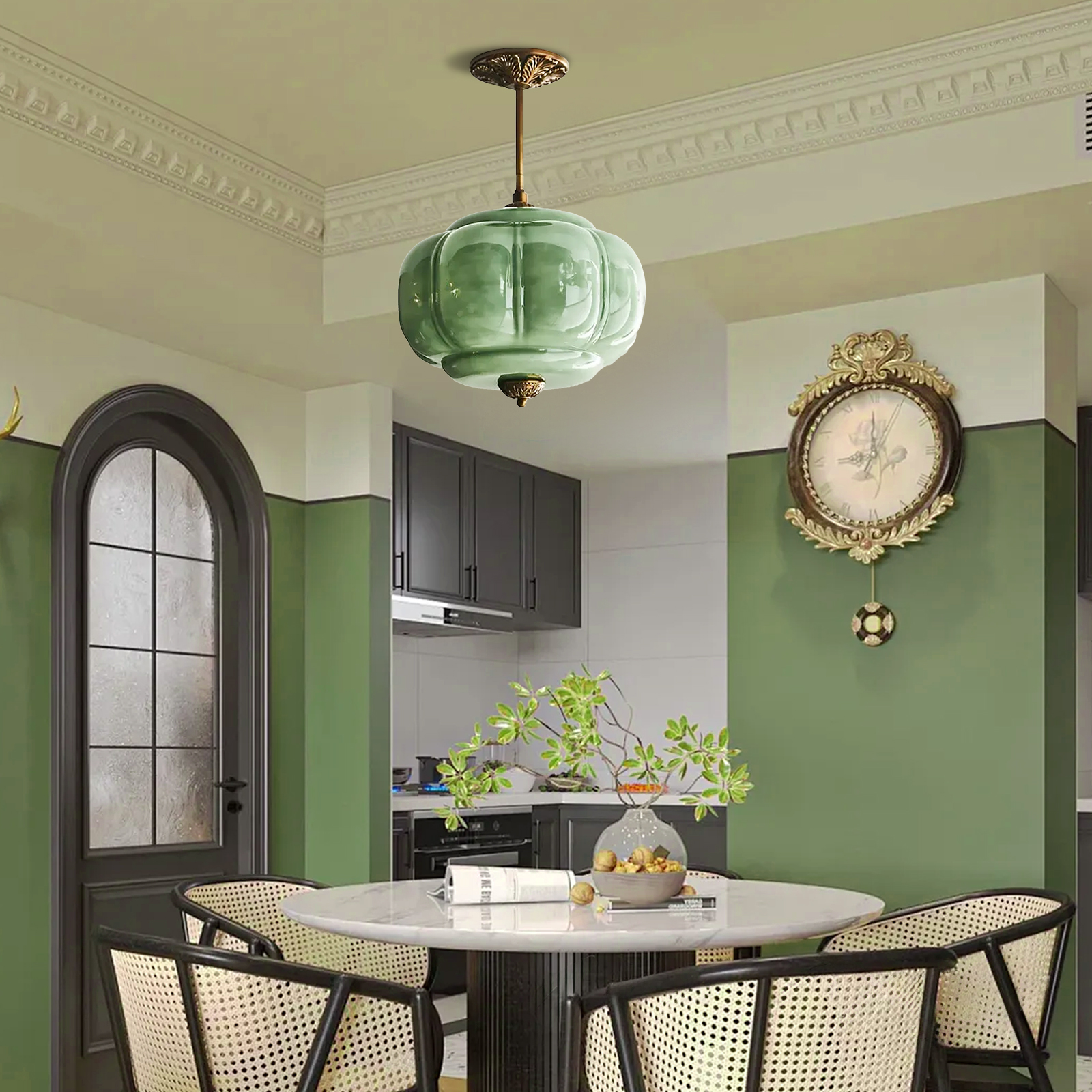 Vortan Antique Brass Green Glass Semi-Flush Mount Pendant Lamp