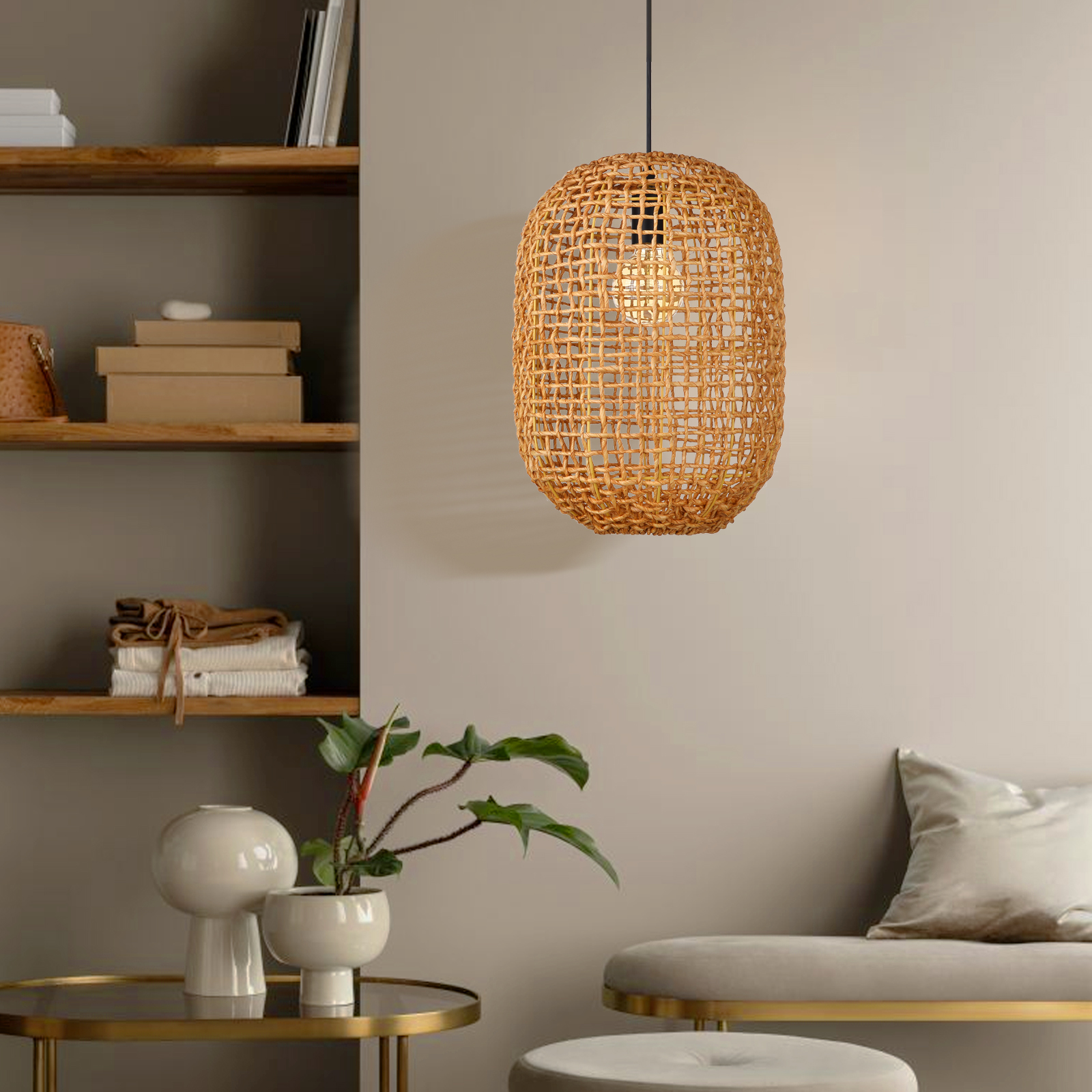 Coastal Style Natural Corn Straw Rope Netted Pendant light