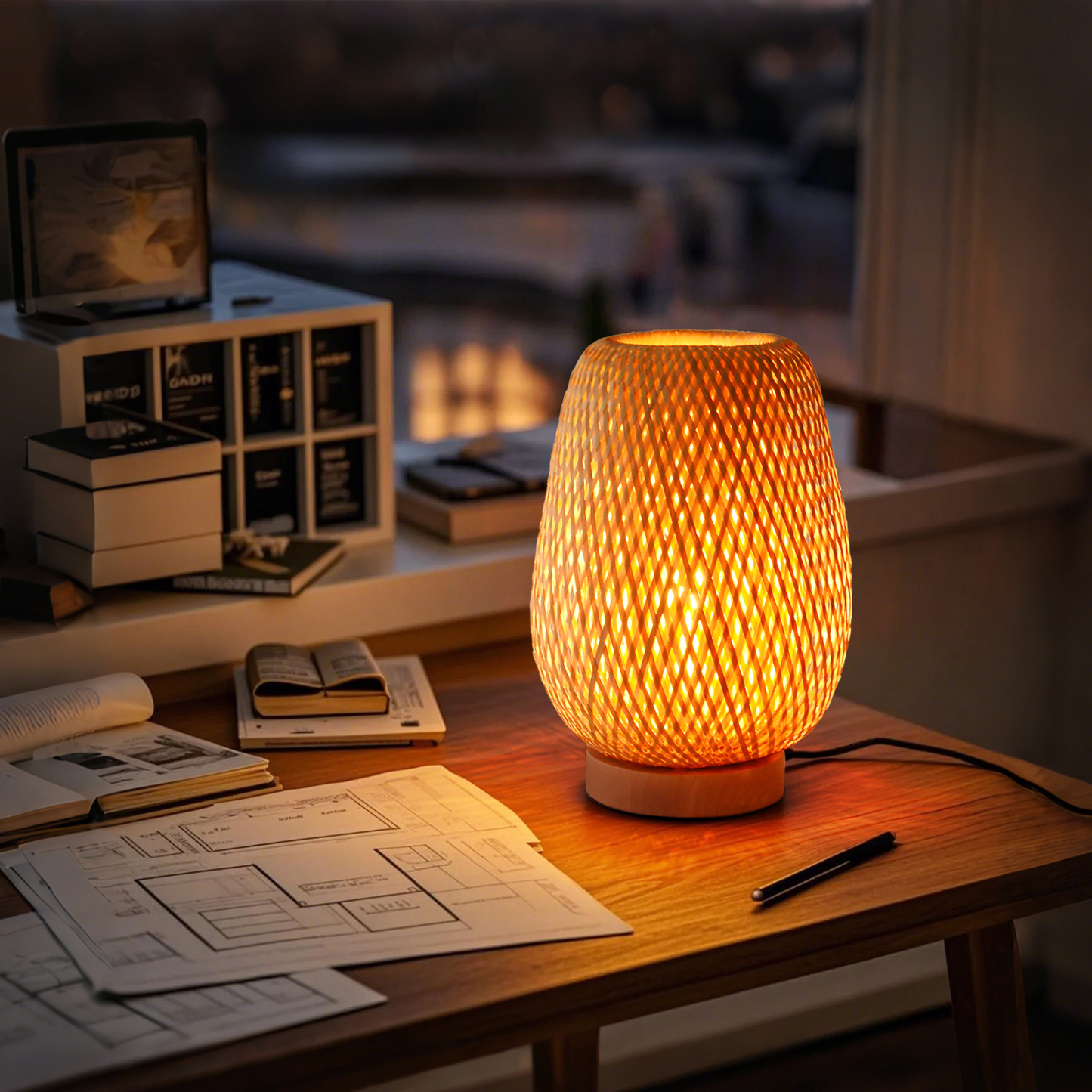Japanese Bamboo Woven Table Lamp for Bedside