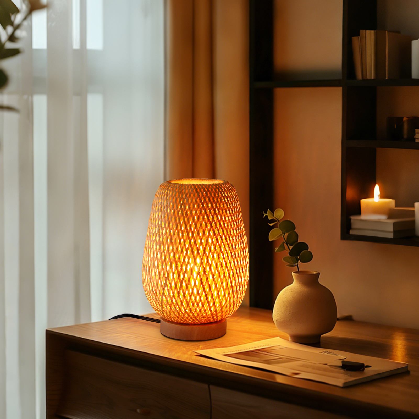 Japanese Bamboo Woven Table Lamp for Bedside