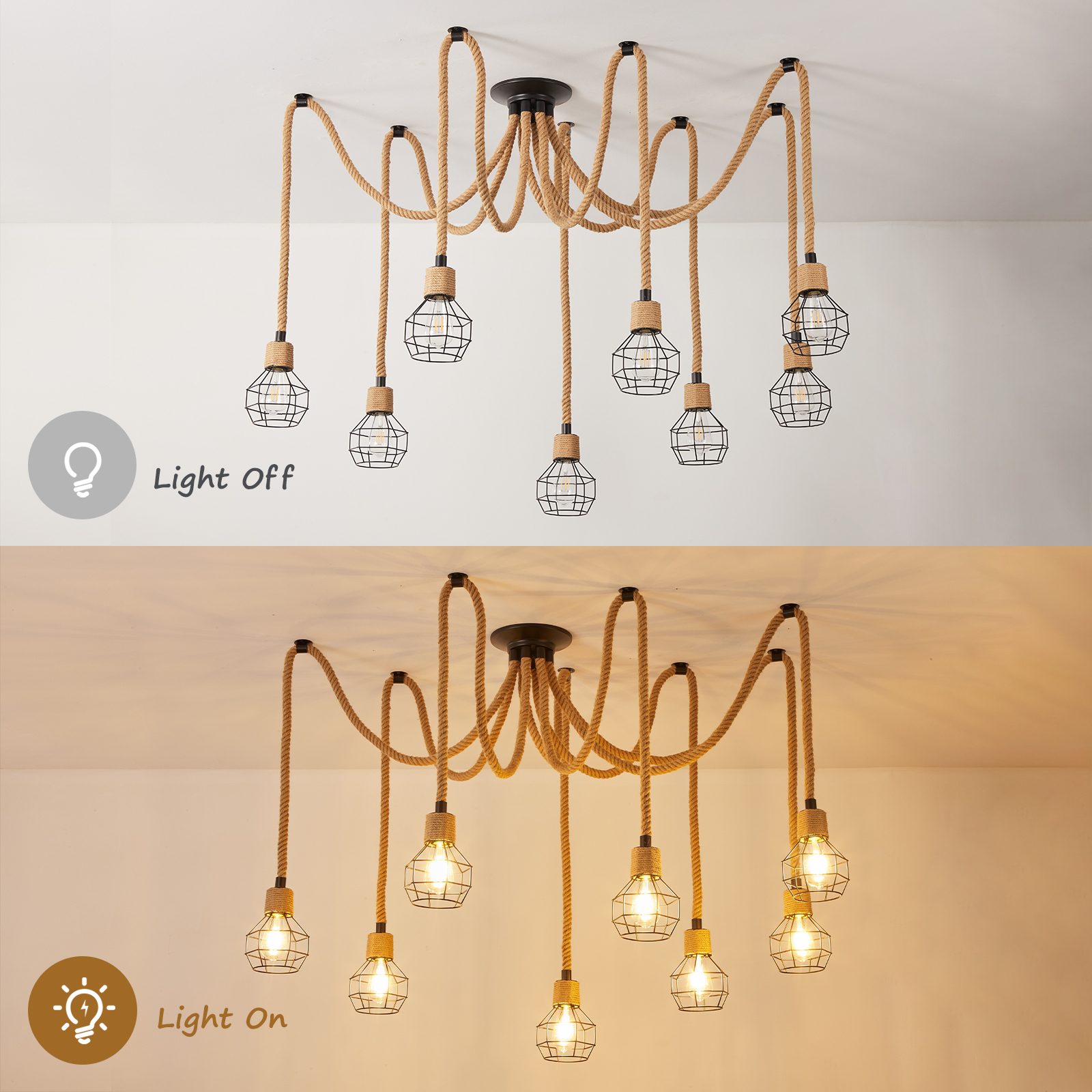 8 Head Hemp Rope Ceiling Light for Living Room 