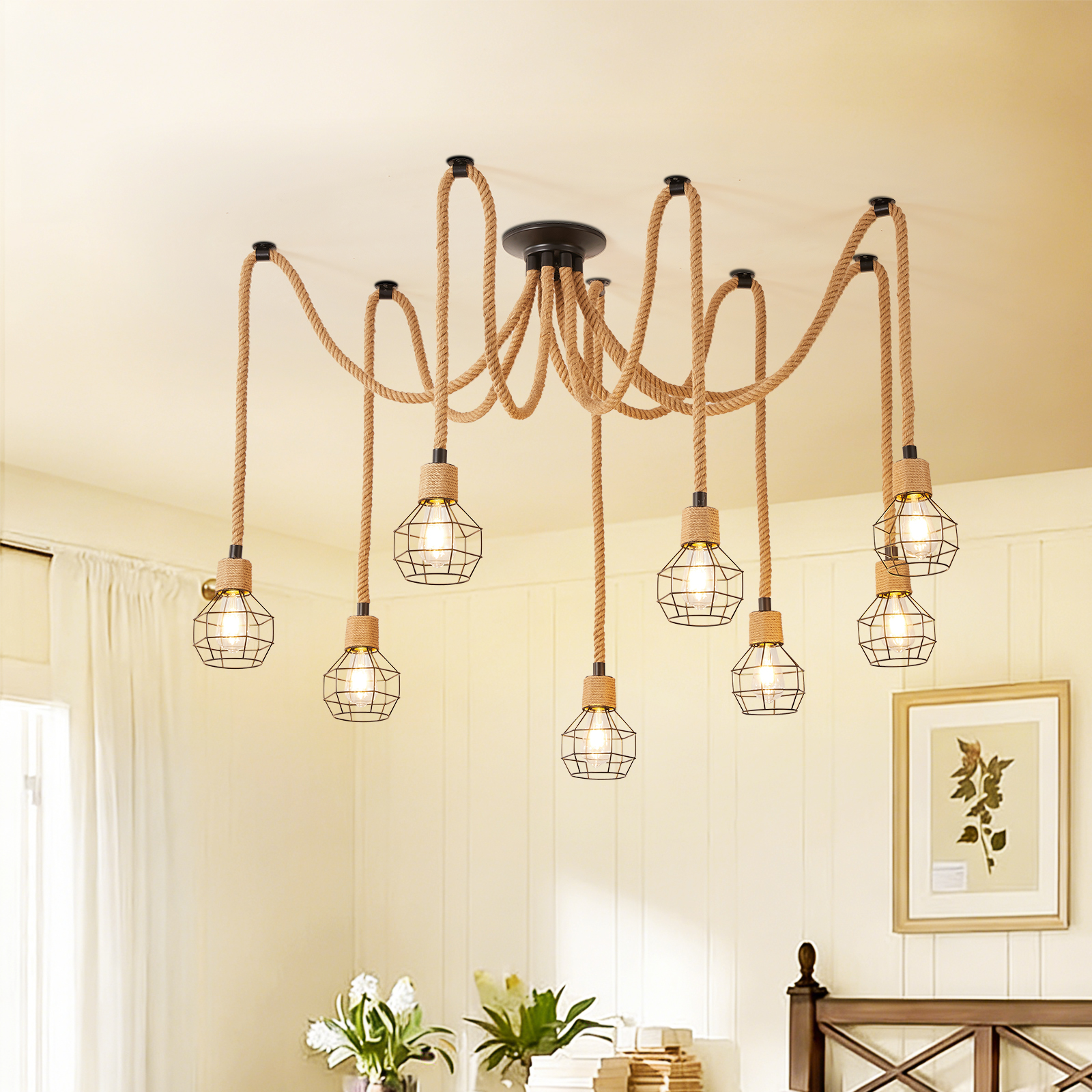 8 Head Hemp Rope Ceiling Light for Living Room 
