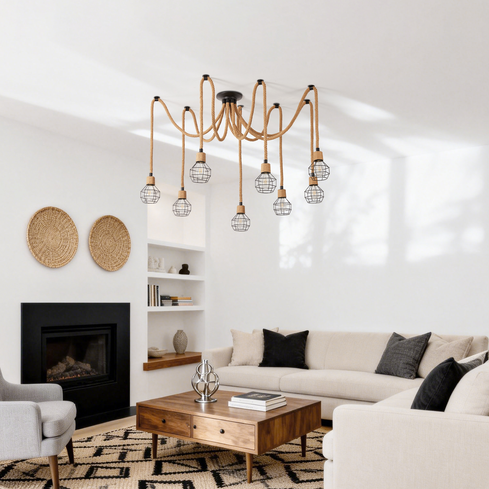 8 Head Hemp Rope Ceiling Light for Living Room 