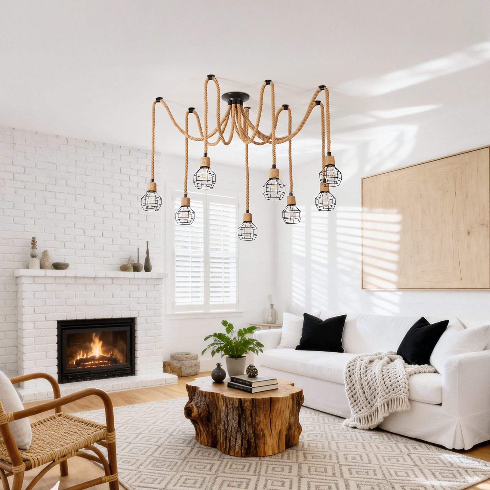 8 Head Hemp Rope Ceiling Light for Living Room 