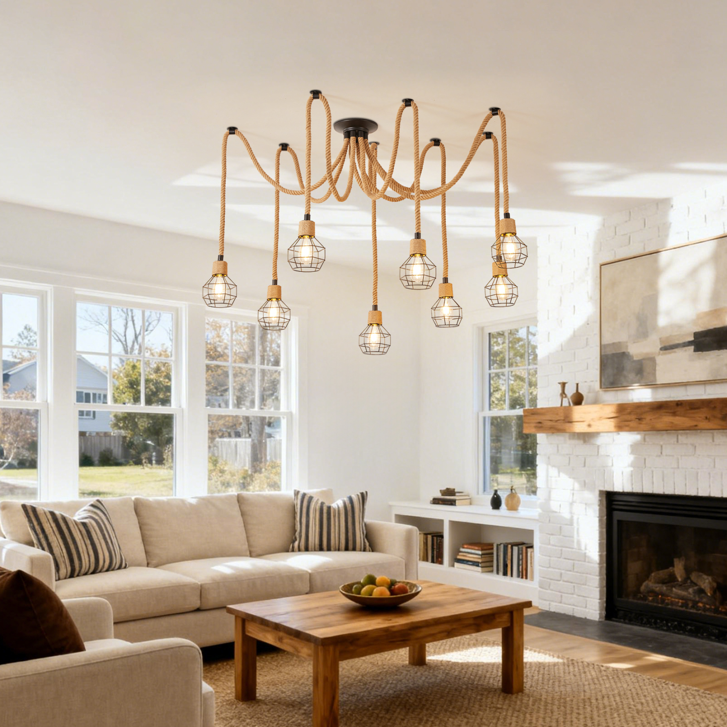 8 Head Hemp Rope Ceiling Light for Living Room 