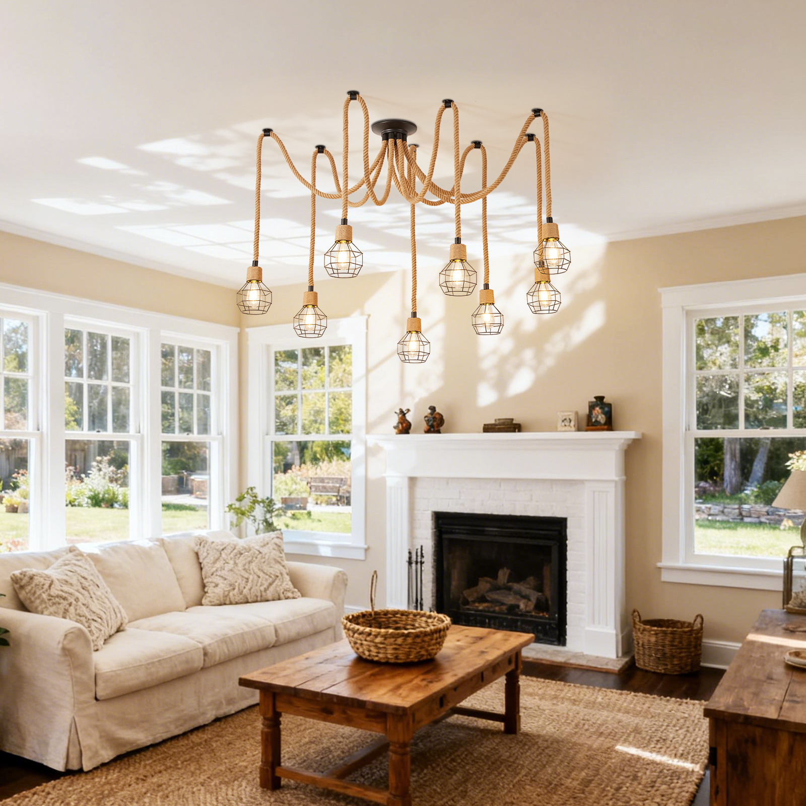 8 Head Hemp Rope Ceiling Light for Living Room 