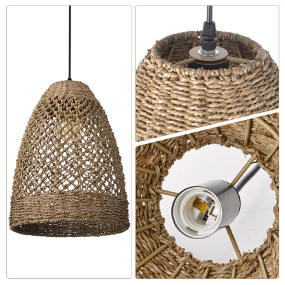Farmhouse Coastal Boho Hanging Lamp with Handwoven Rattan Woven Pendant Light-labpiecesign