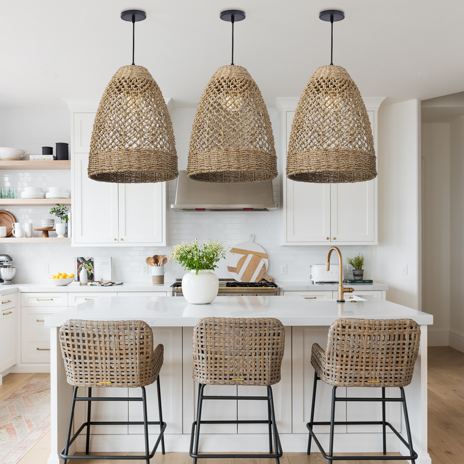 Farmhouse Coastal Boho Hanging Lamp with Handwoven Rattan Woven Pendant Light