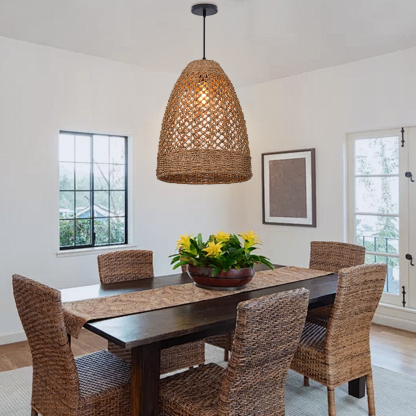 Farmhouse Coastal Boho Hanging Lamp with Handwoven Rattan Woven Pendant Light-labpiecesign