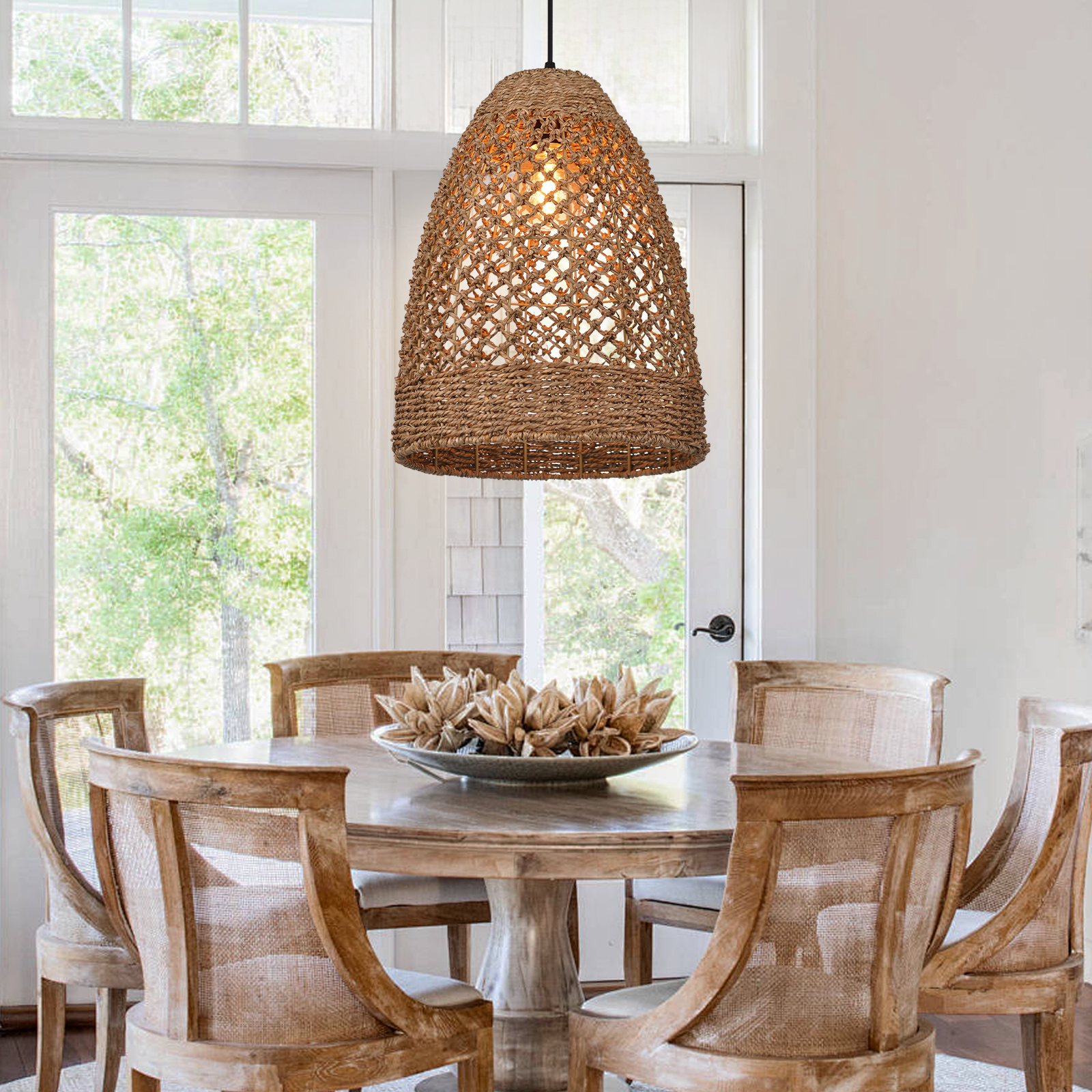 Farmhouse Coastal Boho Hanging Lamp with Handwoven Rattan Woven Pendant Light-labpiecesign