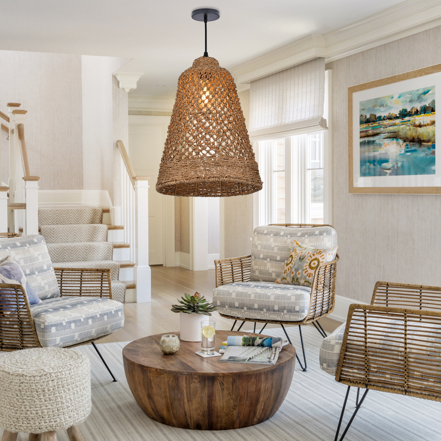 Handwoven hollow dining room straw rope pendant light labpiecesign