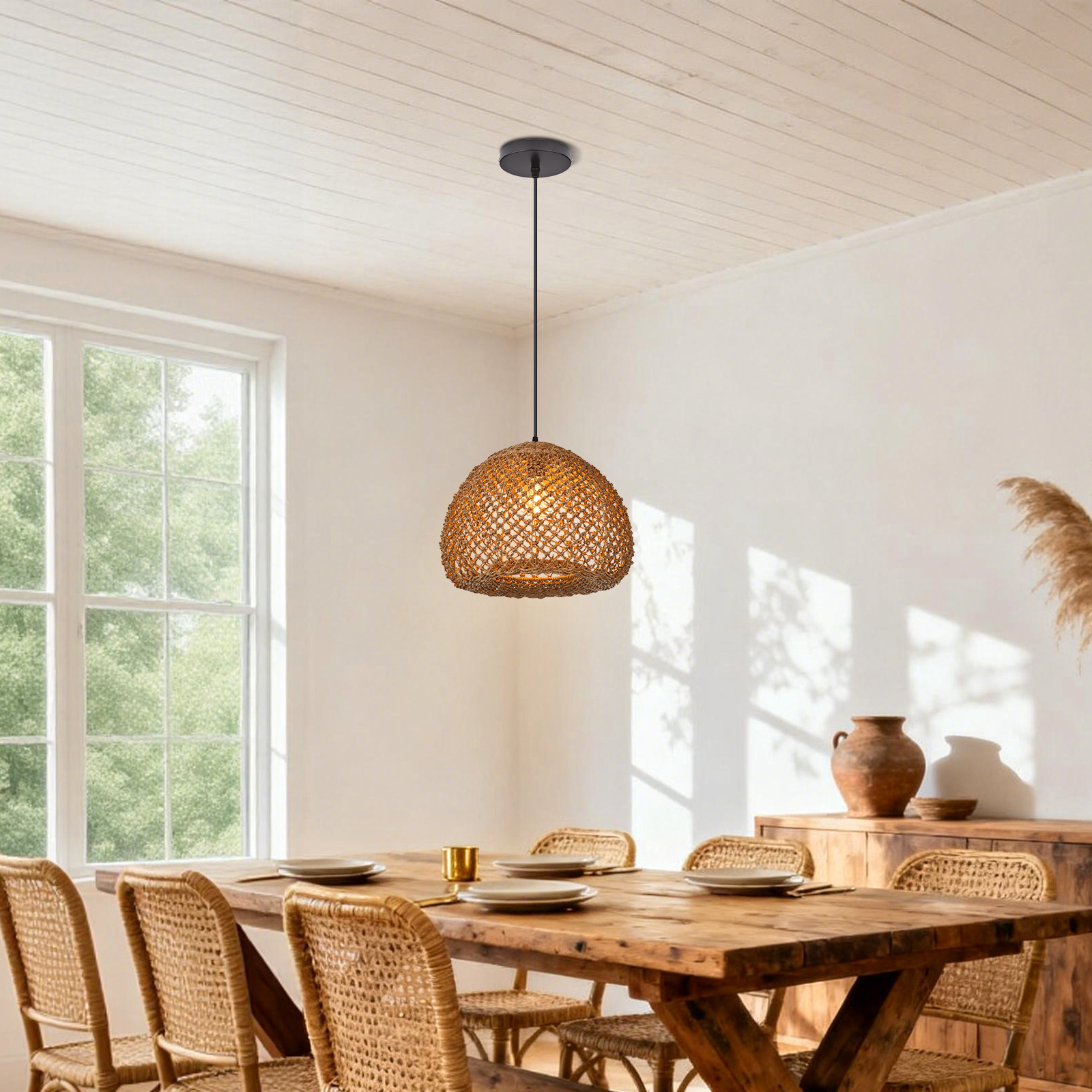 Coastal Rattan Pendant Light for Farmhouse Decor
