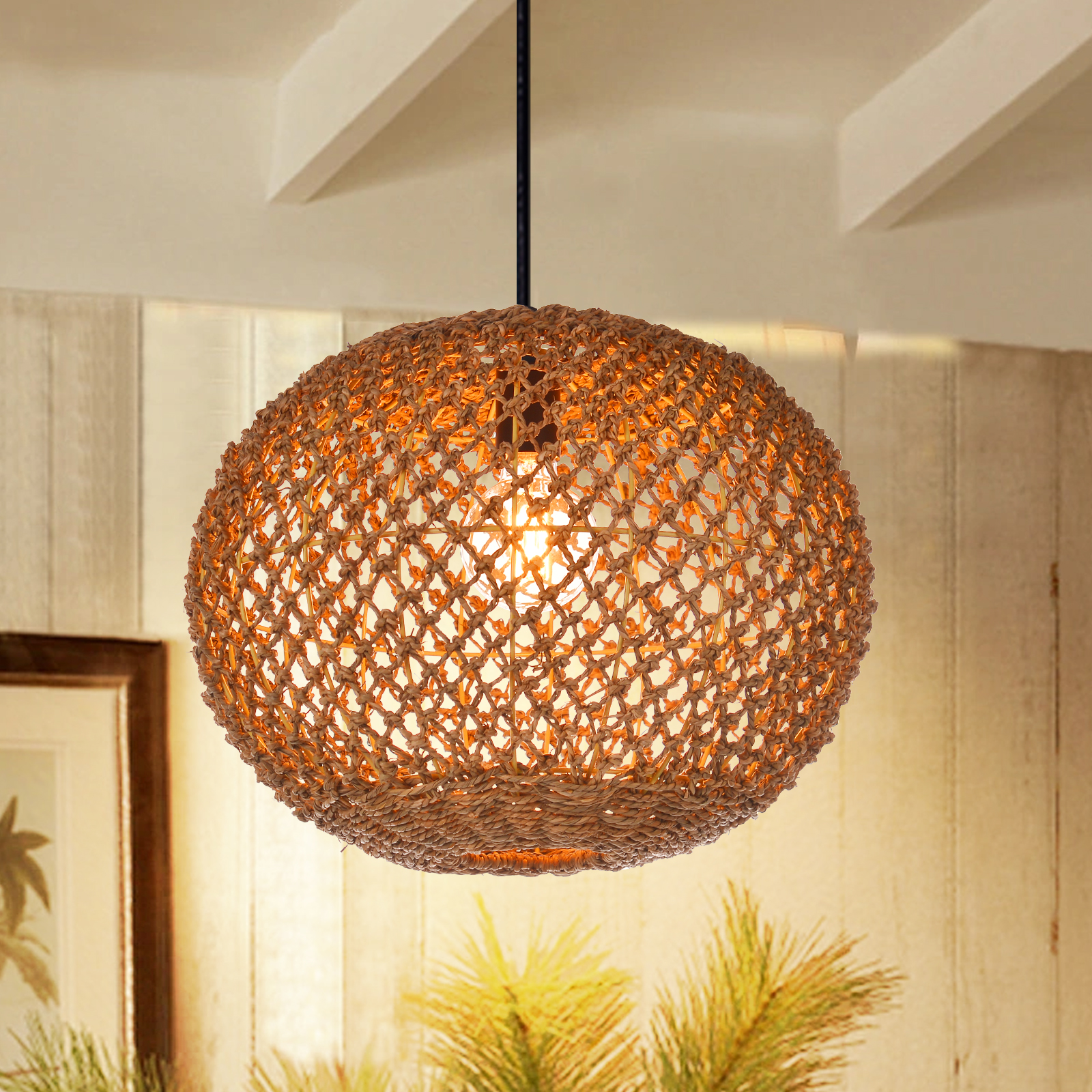Round hollow hemp rope woven lamp shade-labpiecesign