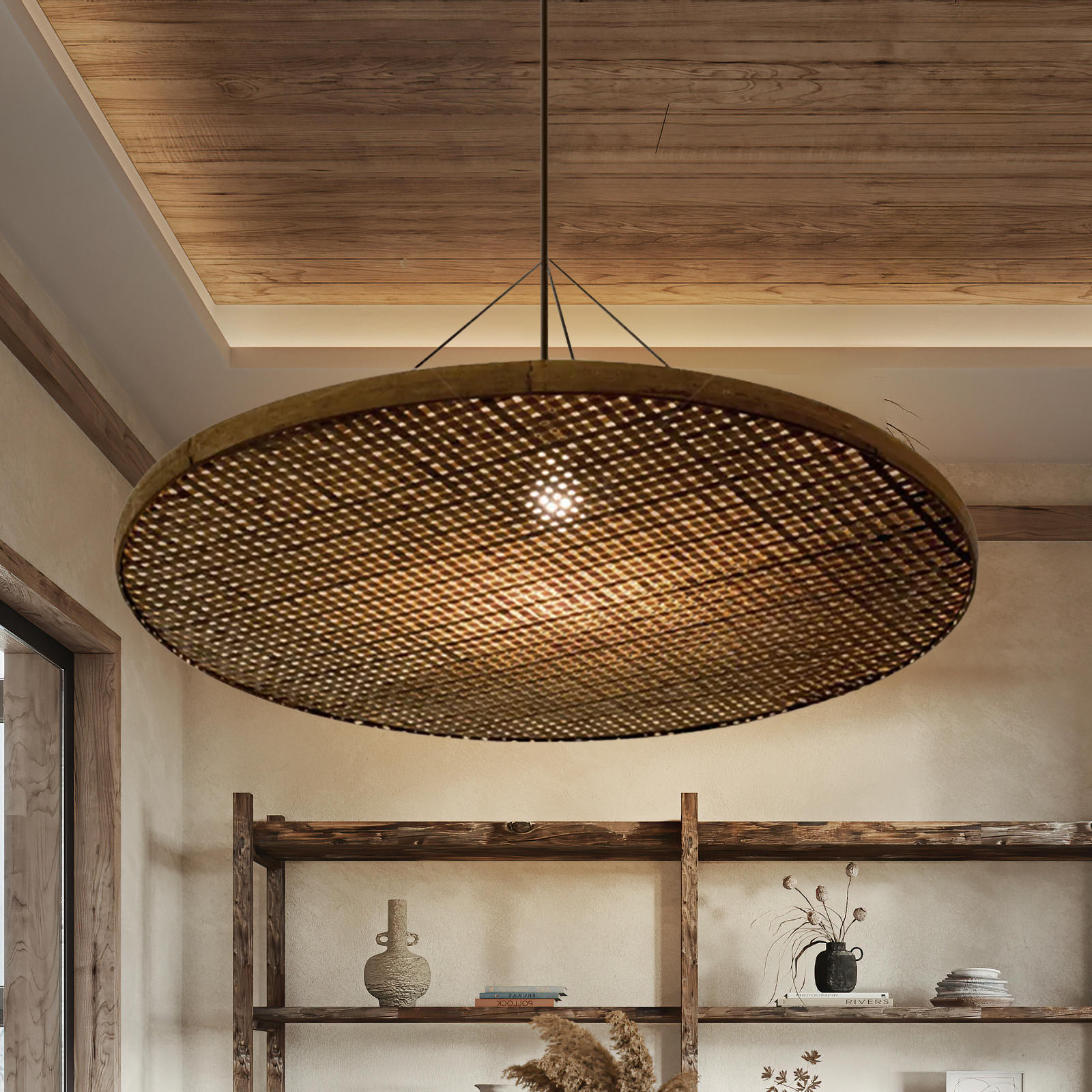 Wabi-sabi style empty basket bamboo pendant light