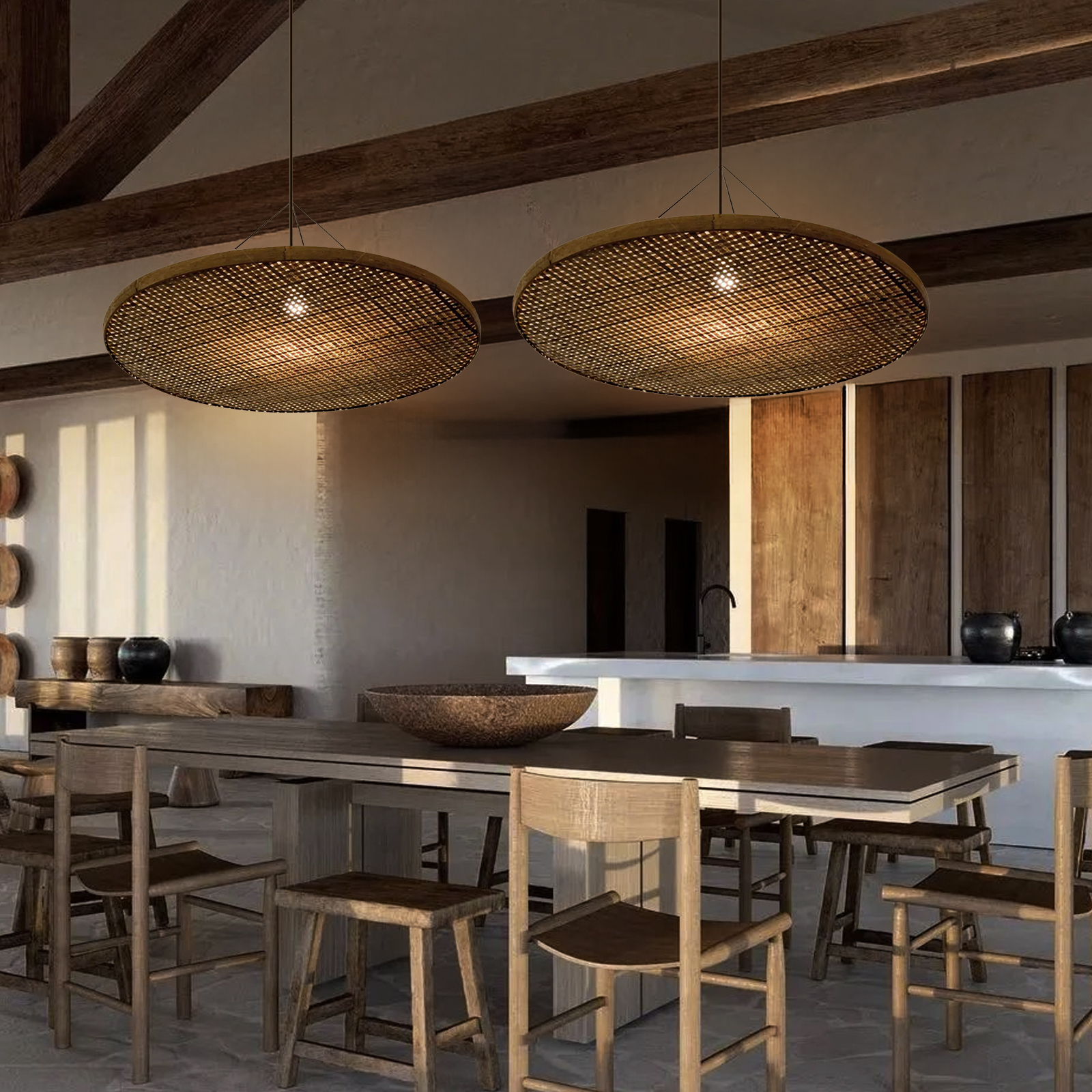 Wabi-sabi style empty basket bamboo pendant light