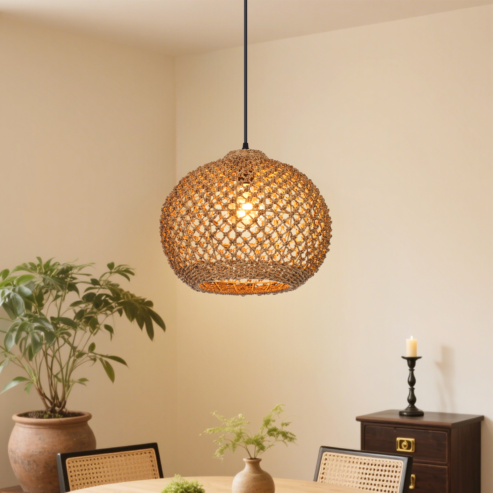 Rustic Rattan Pendant Light for Kitchen Island