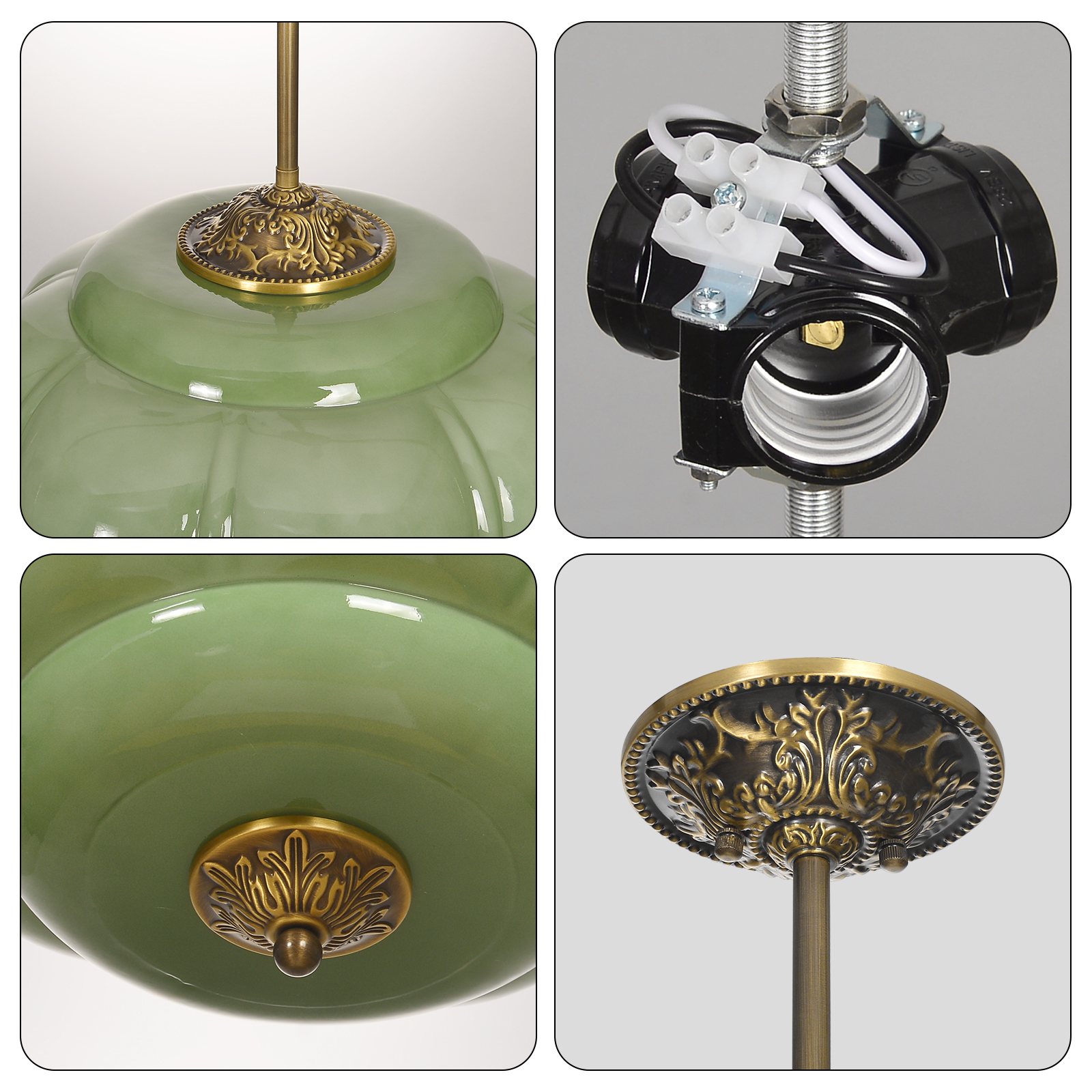Vortan Antique Brass Green Glass Semi-Flush Mount Pendant Lamp