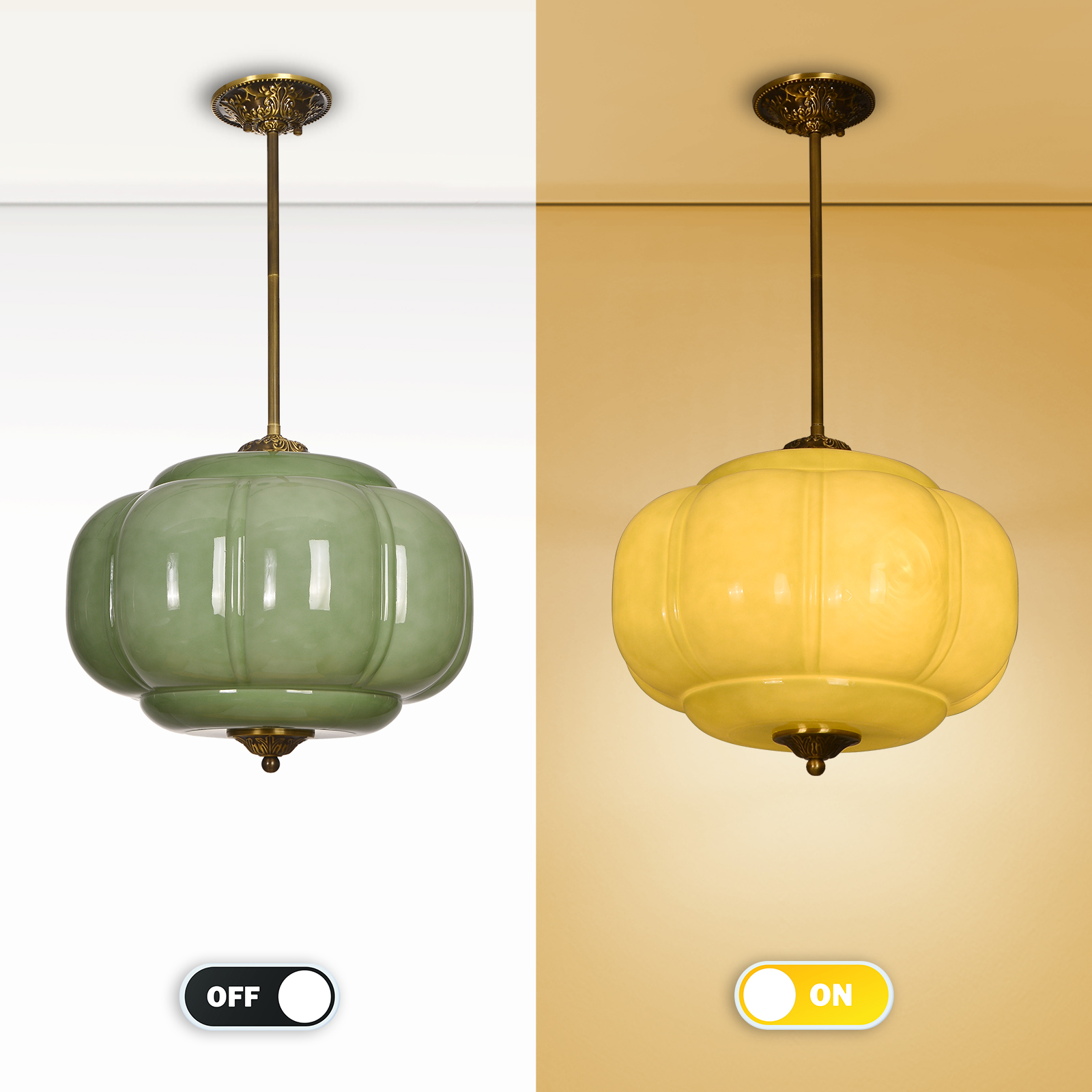 Vortan Antique Brass Green Glass Semi-Flush Mount Pendant Lamp