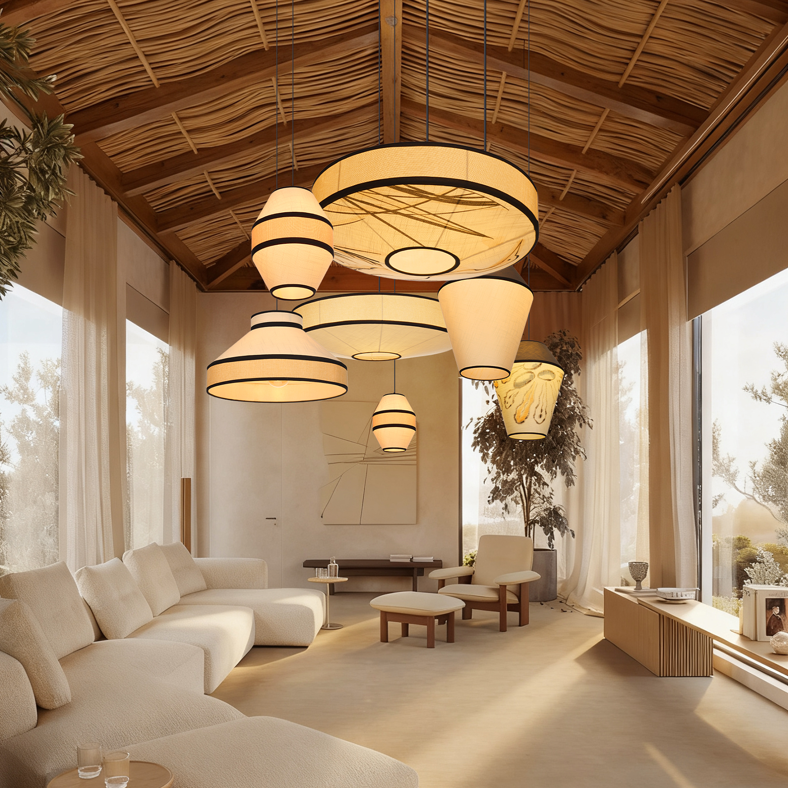 Japandi Fabric Drum Pendant Light Modern Linen Chandelier