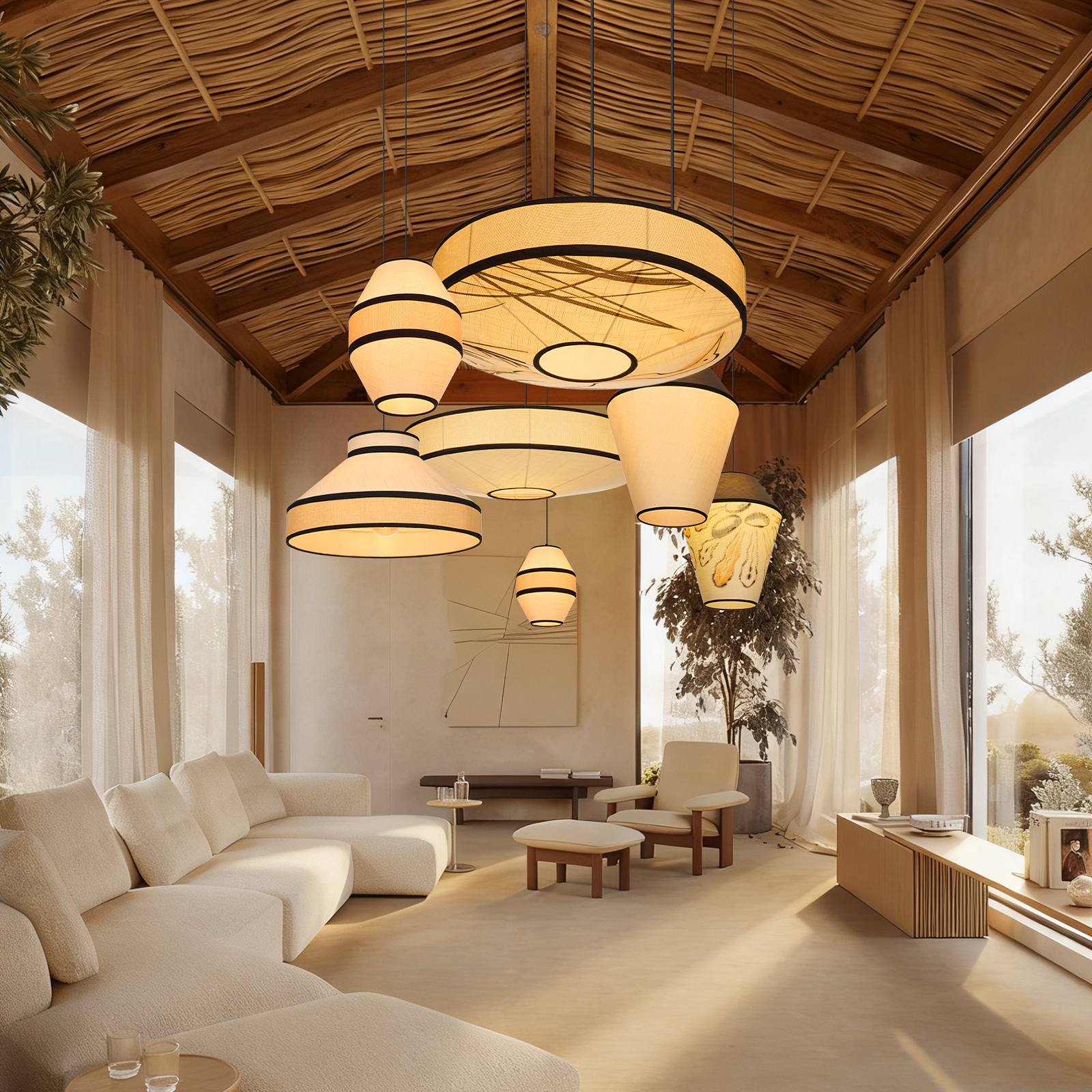 Japandi Fabric Drum Pendant Light Modern Linen Chandelier