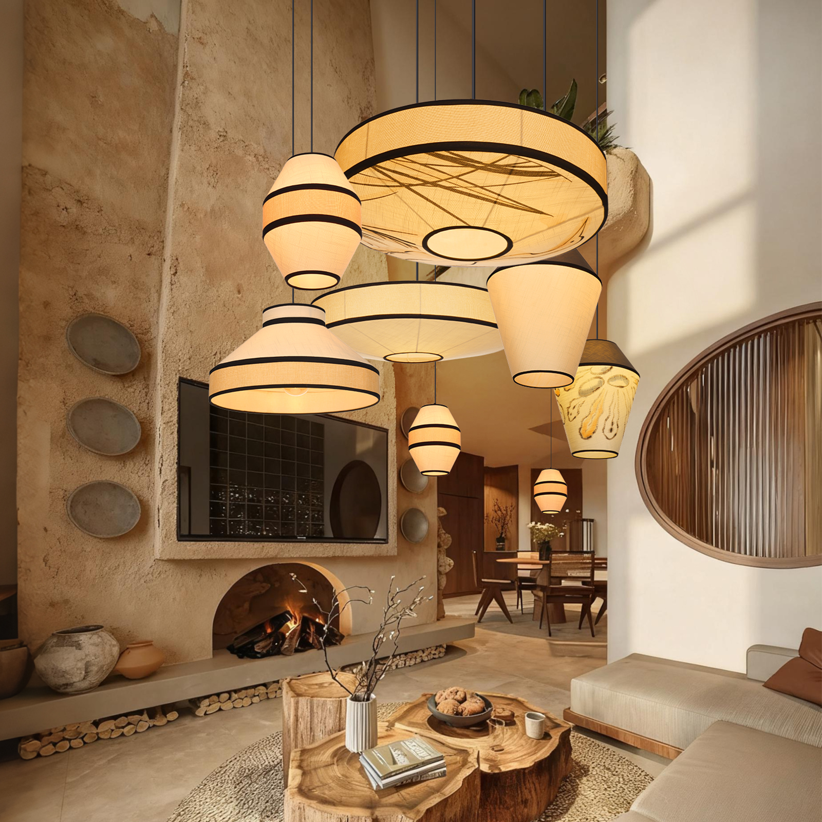 Japandi Fabric Drum Pendant Light Modern Linen Chandelier